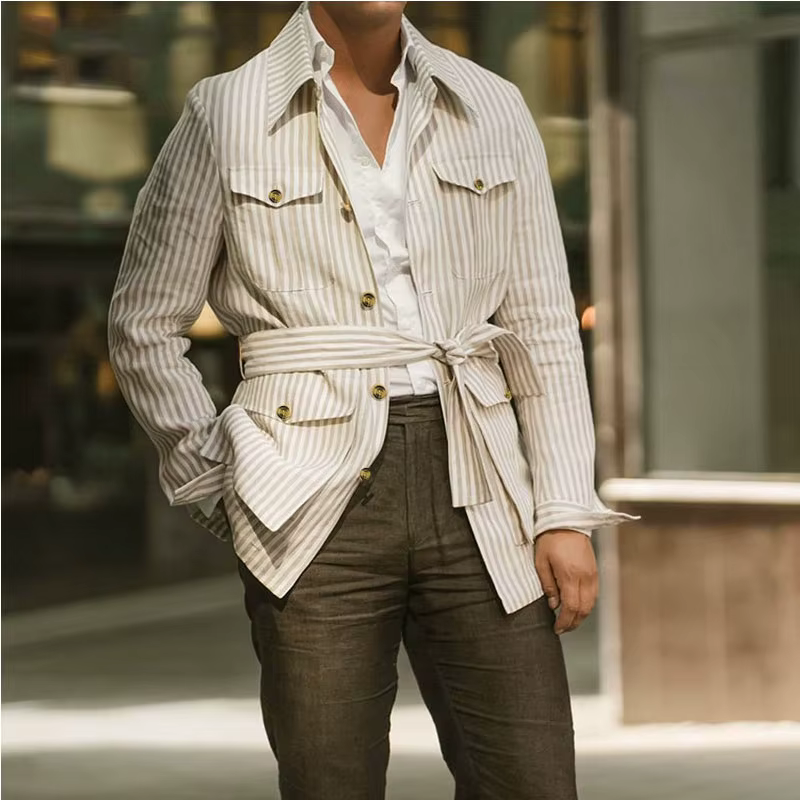 Printemps vêtements hommes léger luxe à manches longues rayé poche chemise décontracté Streetwear ch