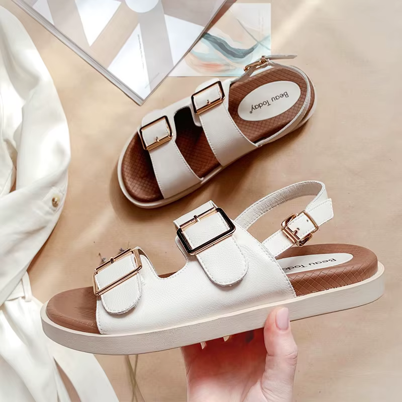 BEAU TODAY-Sandales décontractées en cuir de vache pour femmes, chaussures de sport à talons bas, fa