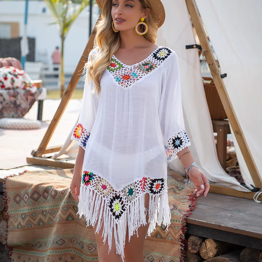 CROCHET BIKINI blanc Bikini couvrir avec frange garniture femmes Sexy creux tunique robe de plage ét