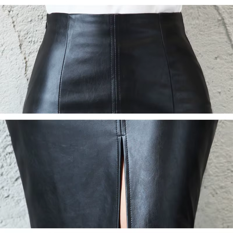 Jupe mi-longue en cuir PU pour femmes, automne hiver, paquet pour dames, jupe crayon fendue sur le d