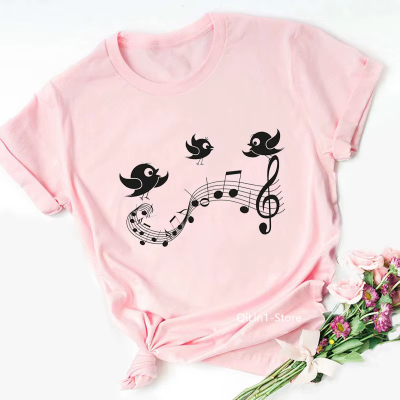 T-shirt femme rose, humoristique, estival, avec note de musique et chat