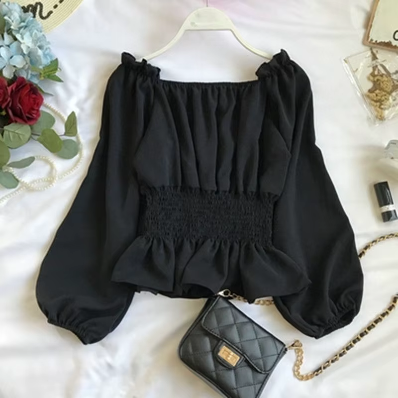 Chemisier Élégant en Mousseline de Soie pour Femme, Chemise Blanche à Volants et Manches Bouffantes,