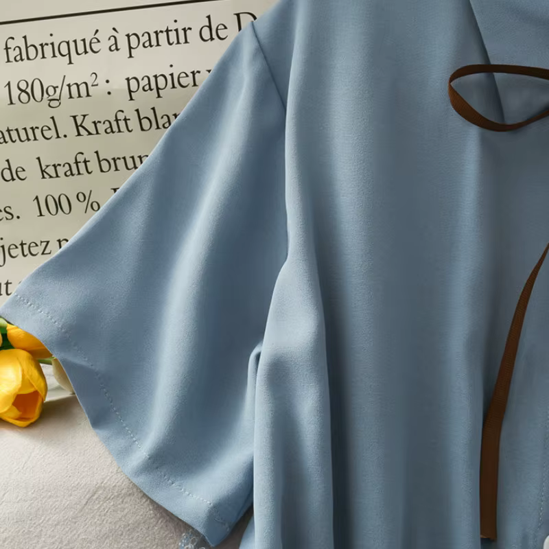 Robe en mousseline de soie avec nœud pour femme, monochromatique, taille haute, col rabattu, style p