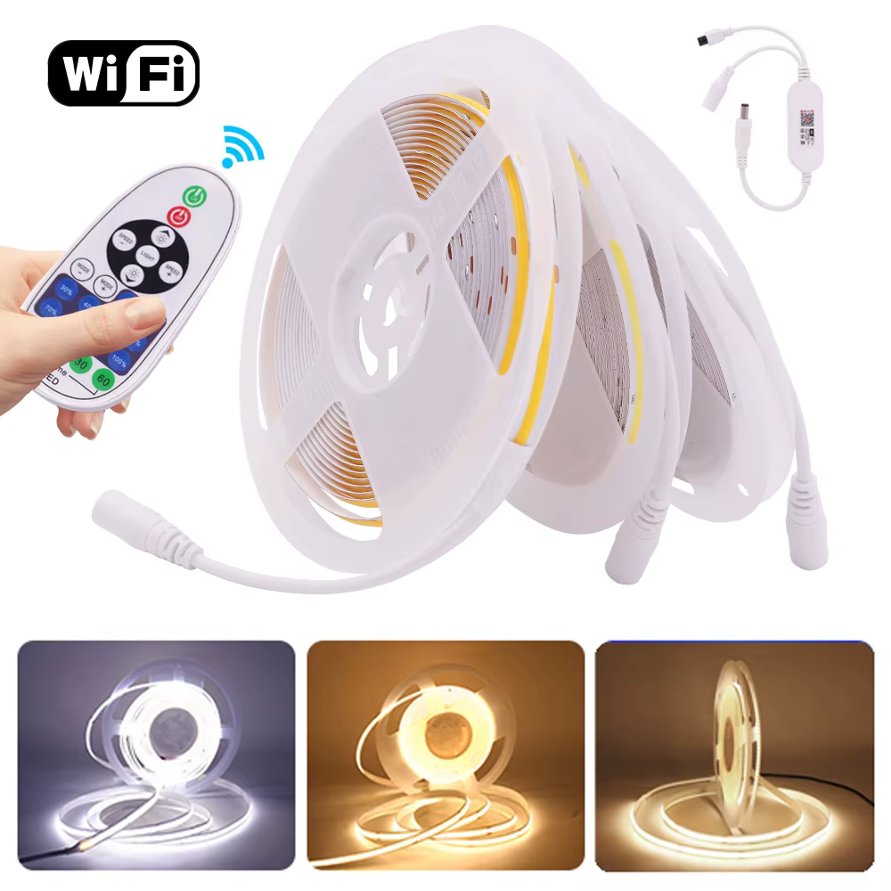 Bande lumineuse LED COB Wifi 12V, Kit d'alimentation à intensité variable, télécommande US EU UK 320