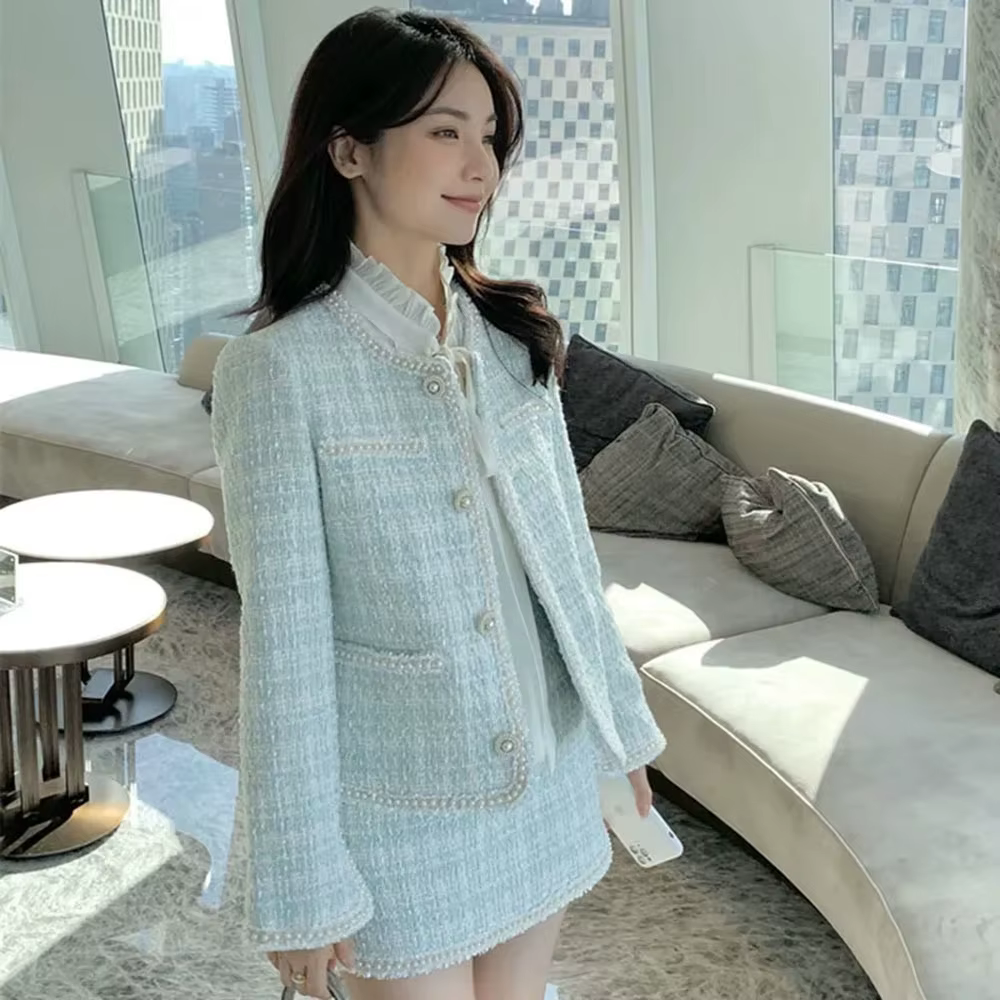 Ensemble français automne-hiver pour femme, petit parfum, vent, nouvelle veste en Tweed assortie ave