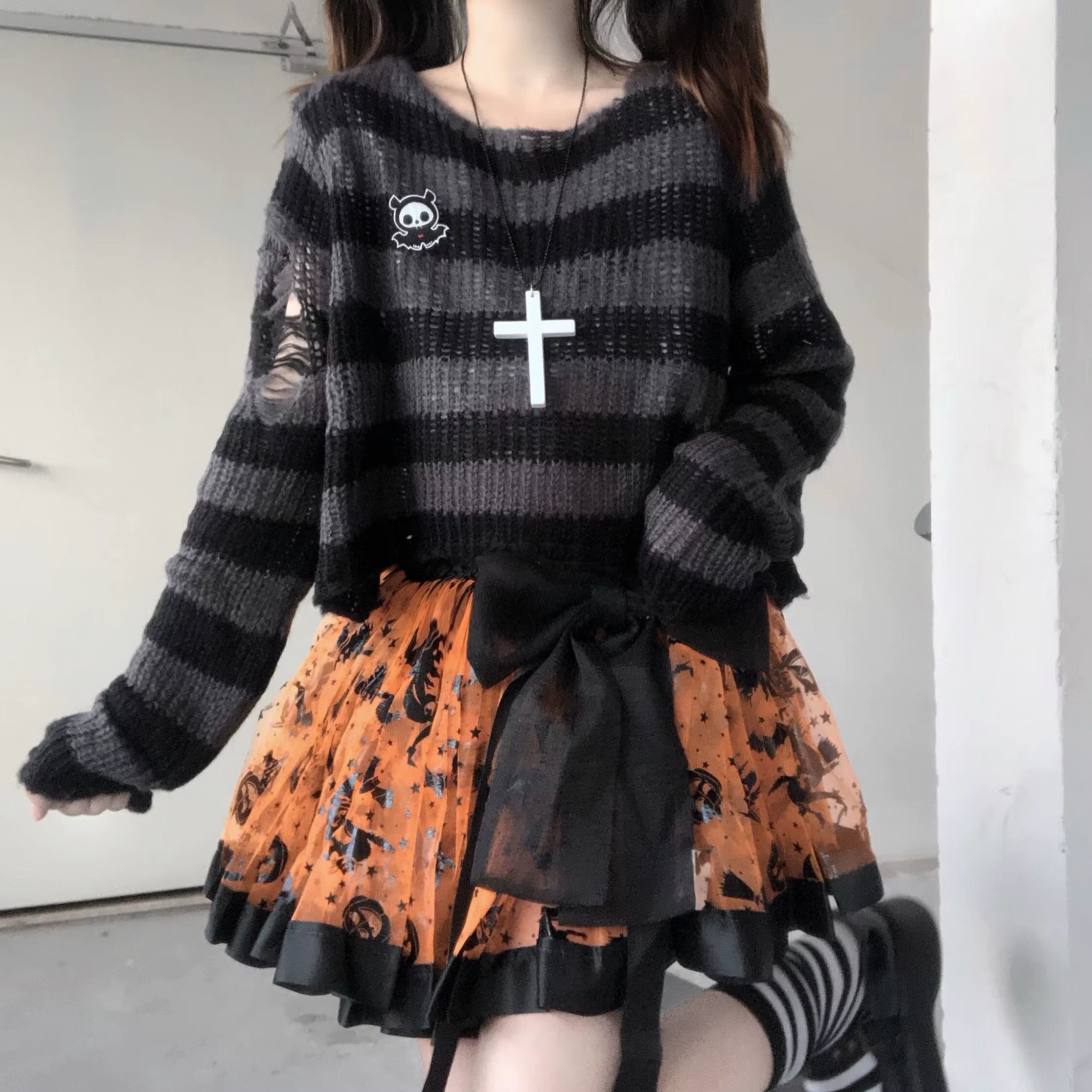 Karrram rose rayé gothique chandails femmes déchiré trous lâche tricoté pull effiloché fée Grunge pu