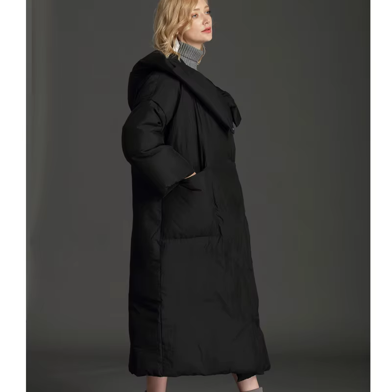 Veste longue et ample en duvet de canard pour femme, manteau avec col d'oreiller et capuche, surdime