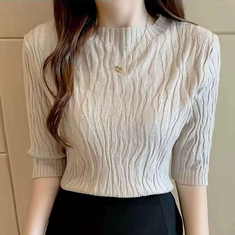 Pull uni à manches courtes pour femmes, pull côtelé, mode coréenne, vêtements féminins minces décont