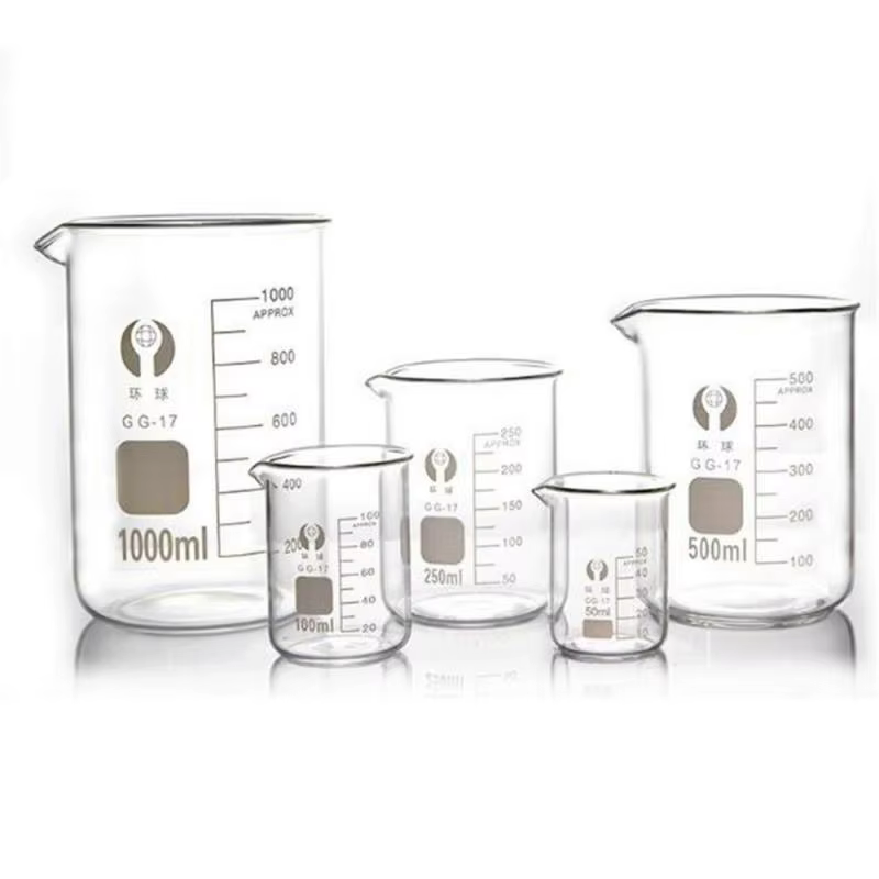 Nouveau 5 ml, 10 ml, 25 ml, 50 ml, 100 ml, 150 ml, 200 ml, 250 ml, 1000 ml bécher en verre Pyrex Bor