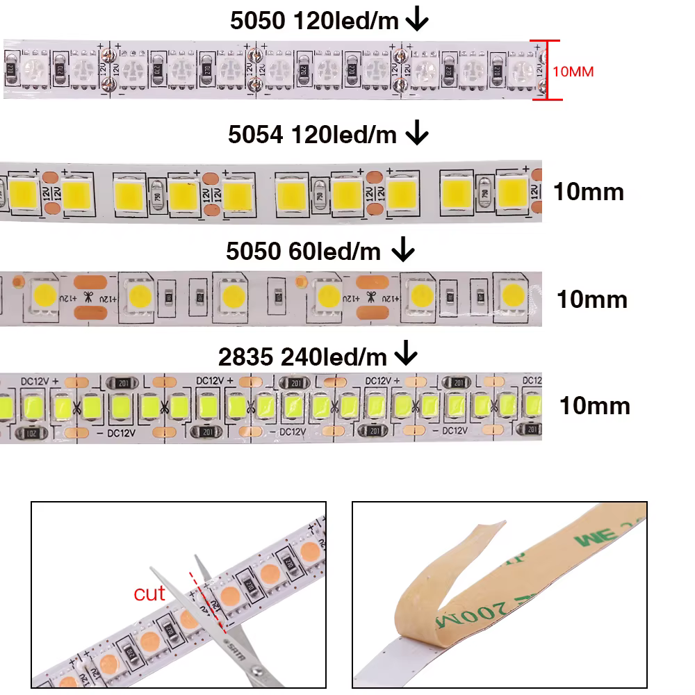 Bande lumineuse LED RGB Flexible, DC12V, 5050, 5054, 2835, 120, 240 diodes/M, blanc, rouge, bleu, ro