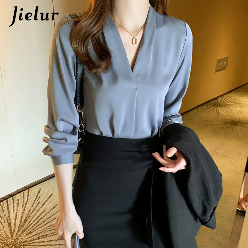 Jielur – chemises blanches de bureau pour femmes, couleur unie, col en v, hauts Skinny à manches lon