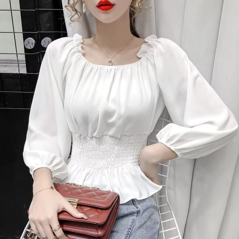 Chemisier Élégant en Mousseline de Soie pour Femme, Chemise Blanche à Volants et Manches Bouffantes,