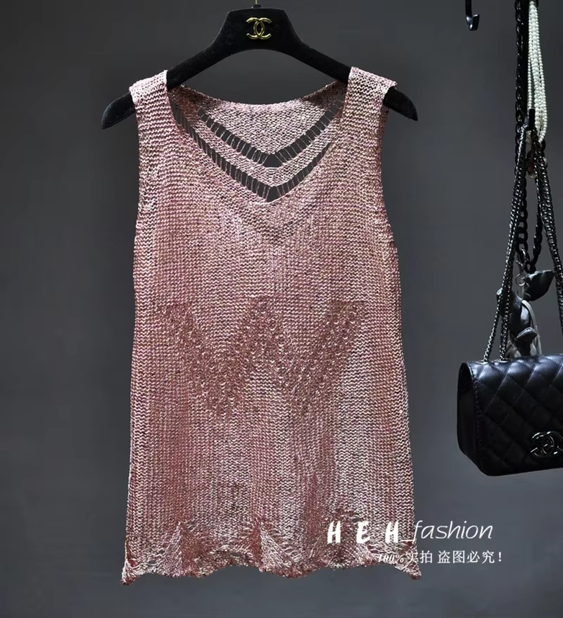 Paillettes Sexy évider soie légère Condole ceinture gilet or sans manches tricot manteau haut Mujer 