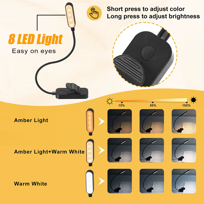 Lampe de livre ambre Mini USB Led Rechargeable Flexible veilleuse lampe de bureau à clipser lampe de