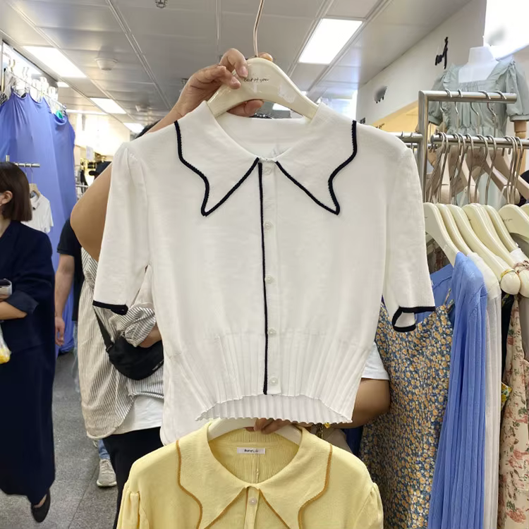 T-shirt court à manches courtes pour femme, avec col polo, patchwork, élastique, slim, été 2021