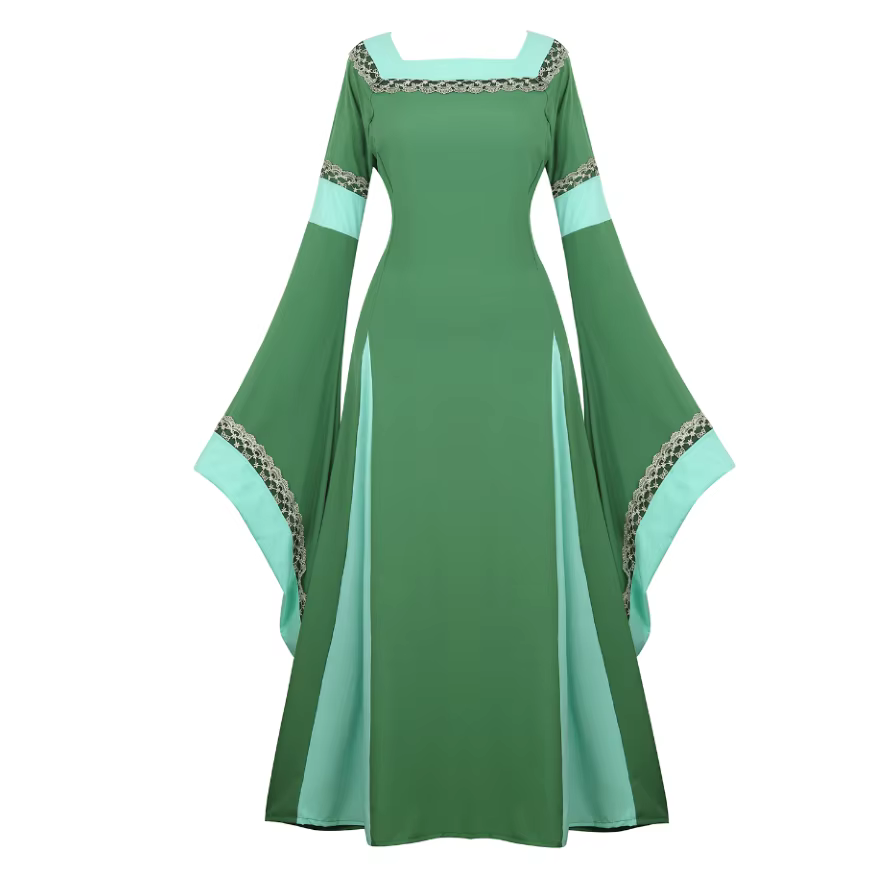 Femmes médiévale Renaissance trompette manches rétro Loor longueur robe dentelle garniture irlandais
