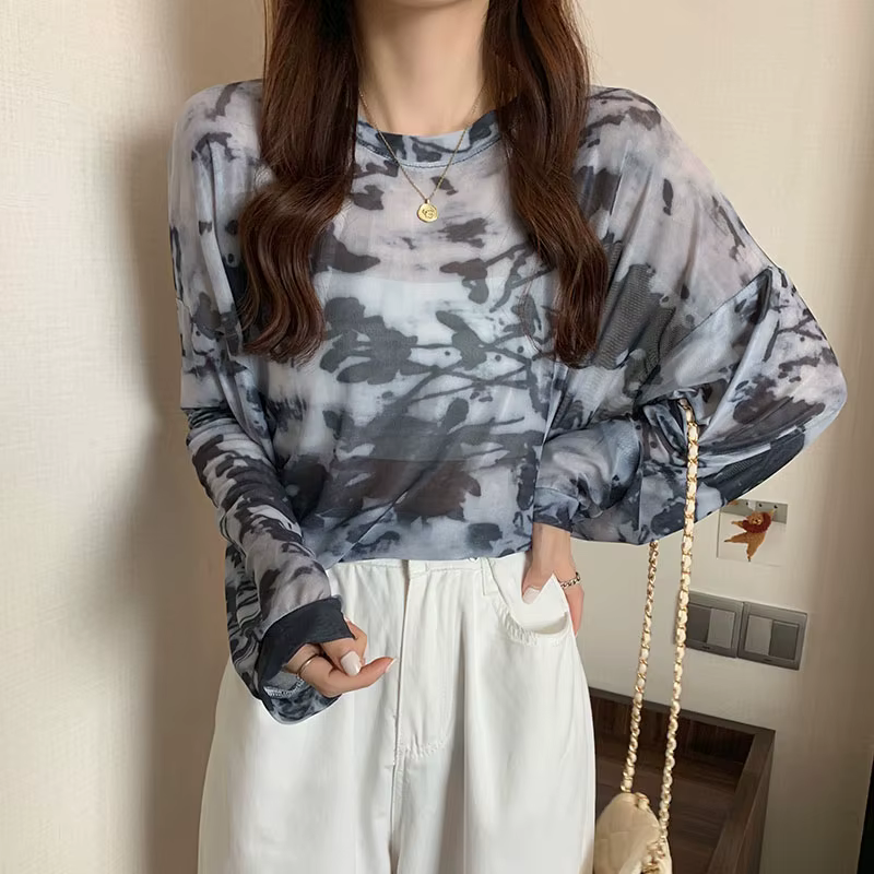 T-shirt à manches longues pour femmes, respirant, col rond, maille, résistant au soleil, style corée