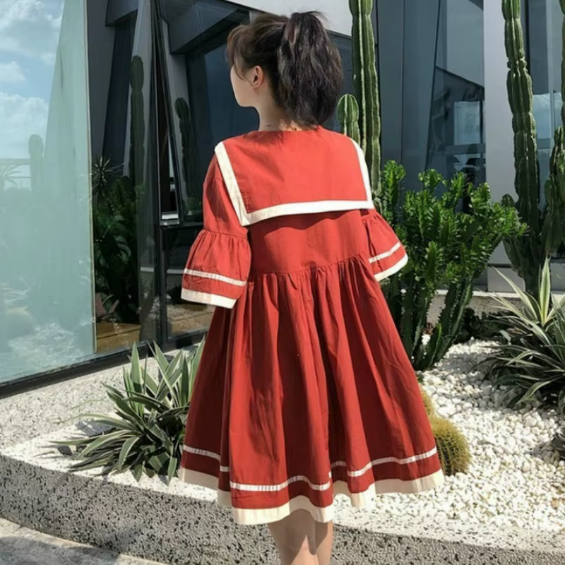 Robe trapèze à manches courtes évasées pour femmes, robe à lacets, plissée, rayée, adt Harajuku, étu