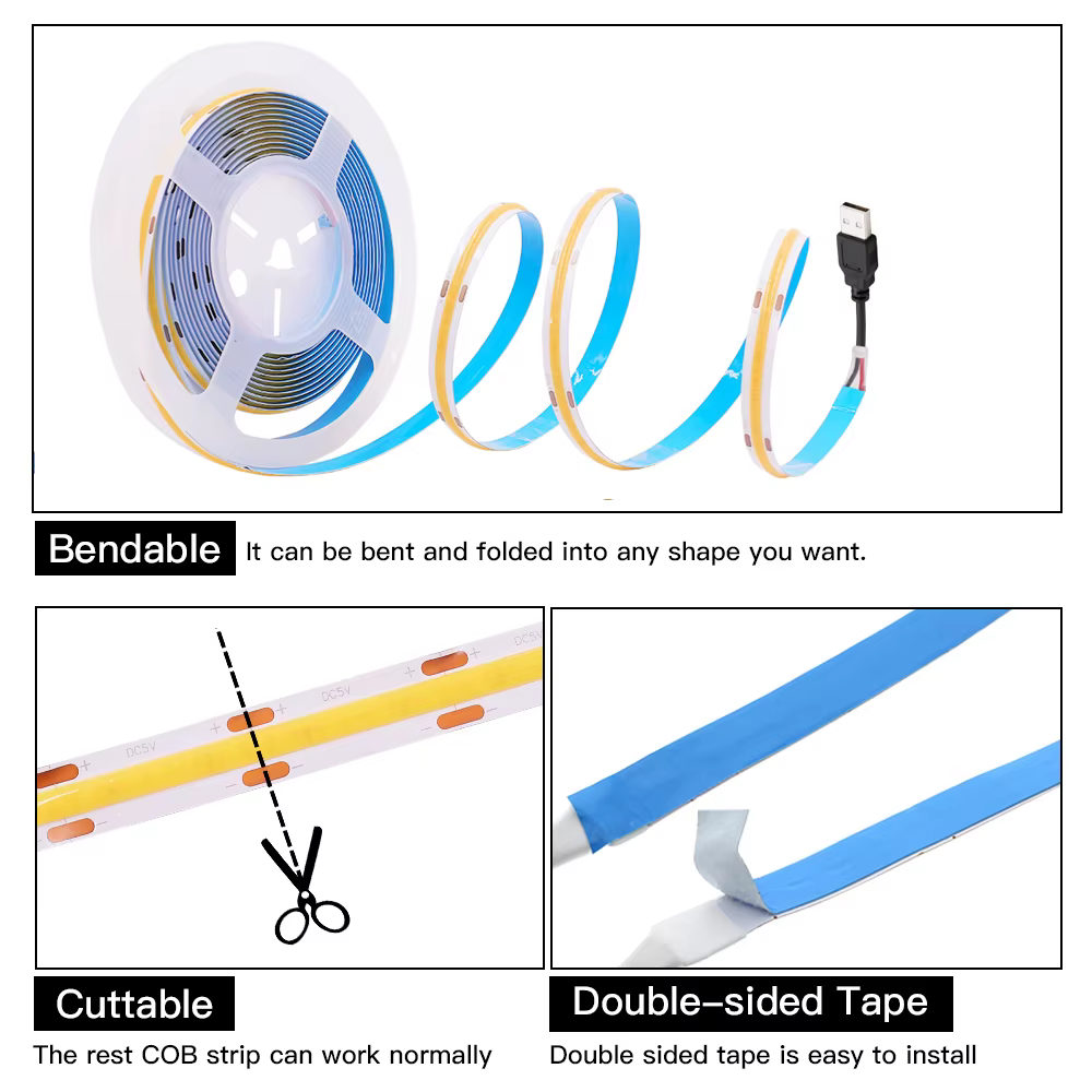 Bande lumineuse LED COB haute densité RA90 320 LED, 5V 12V 24V, Nature chaude, blanc froid, rouge, b