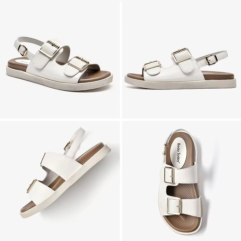 BEAU TODAY-Sandales décontractées en cuir de vache pour femmes, chaussures de sport à talons bas, fa
