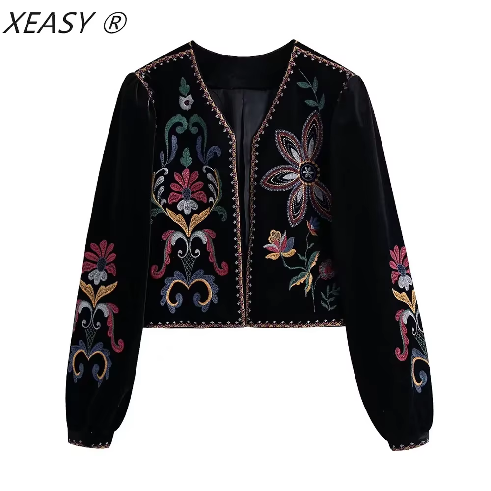 XESAY – veste d'hiver pour femme, manteau brodé, manches longues, col rond, Vintage, point ouvert, d