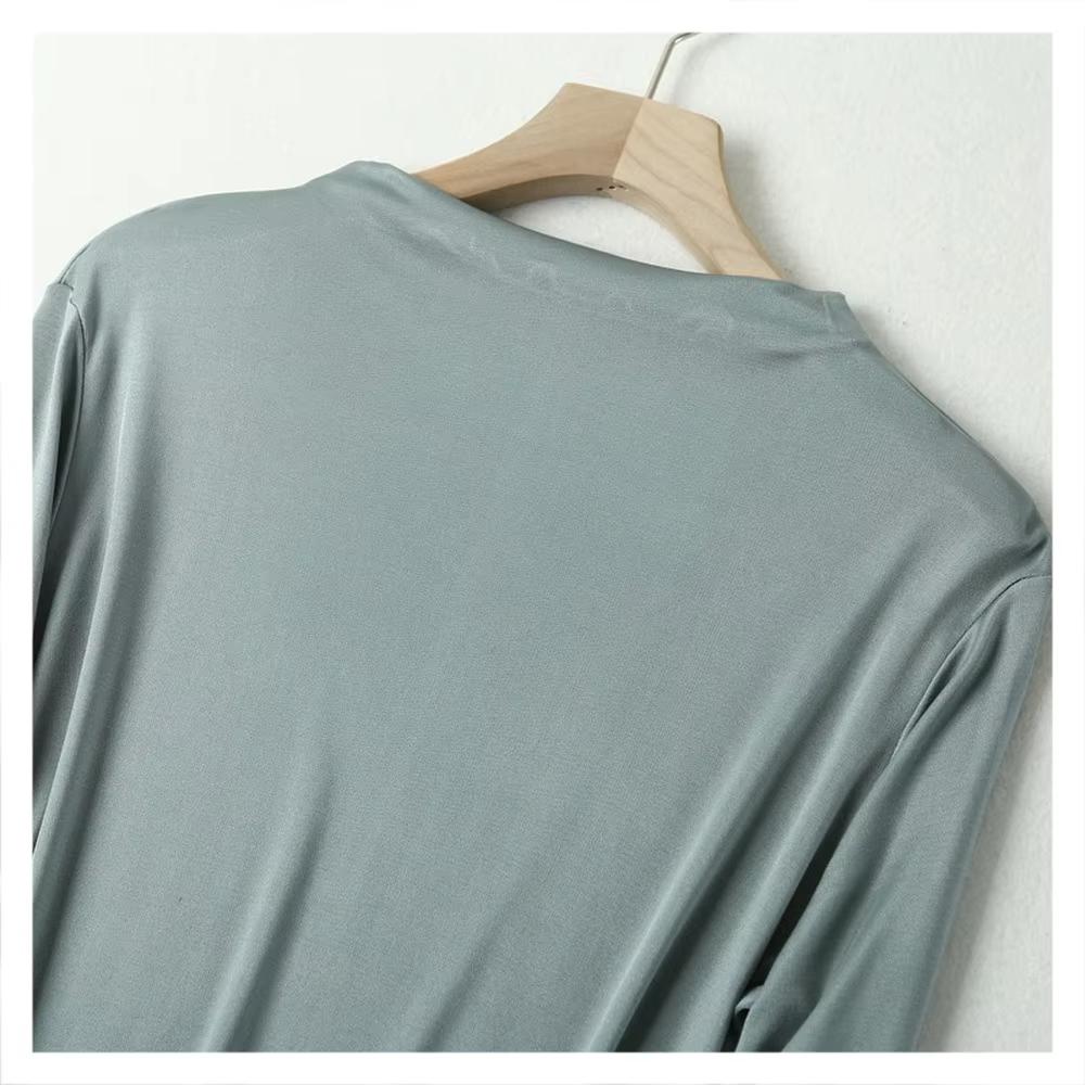 T-shirt en soie tricoté à manches longues pour femme, haut polyvalent à bascule, col rond, couleur u