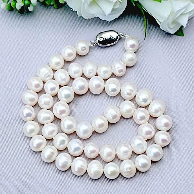 Colliers de perles naturelles 9-10mm, bijoux en perles d'eau douce, collier en argent Sterling 925 p