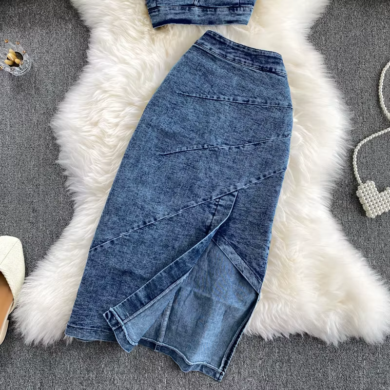 Amolapha-Ensembles de jupes en jean émaillé pour femmes, hauts à bretelles en fibre, jupe en jean, t