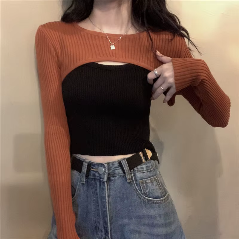 Crop Top à Manches sulfet Col Rond pour Femme, Vêtement Décontracté et Doux, Style Hipster