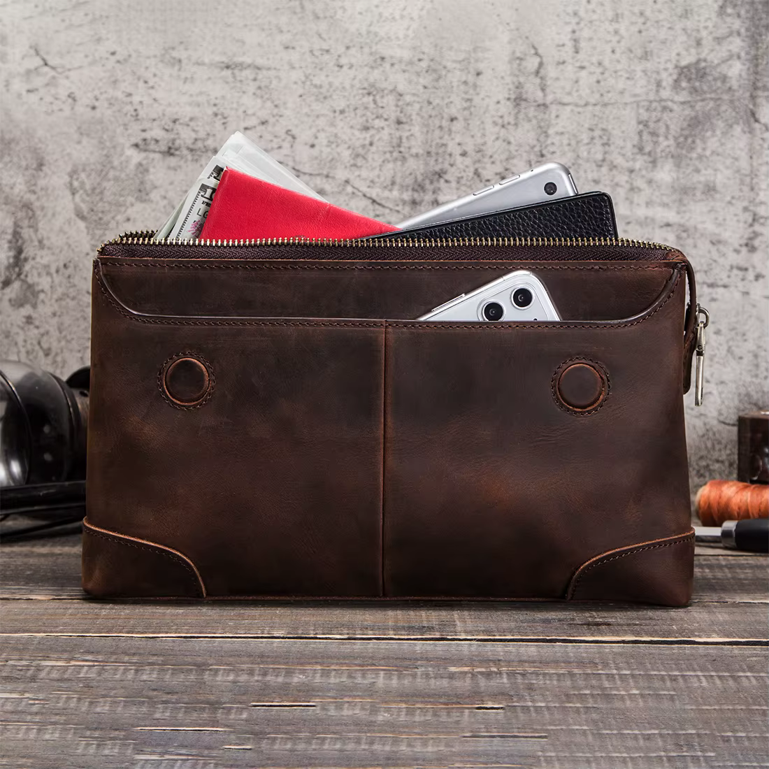 Pochette de luxe en cuir de vache pour hommes, pochette pour iPad Mini 4 5 6, Iphone, portefeuille à