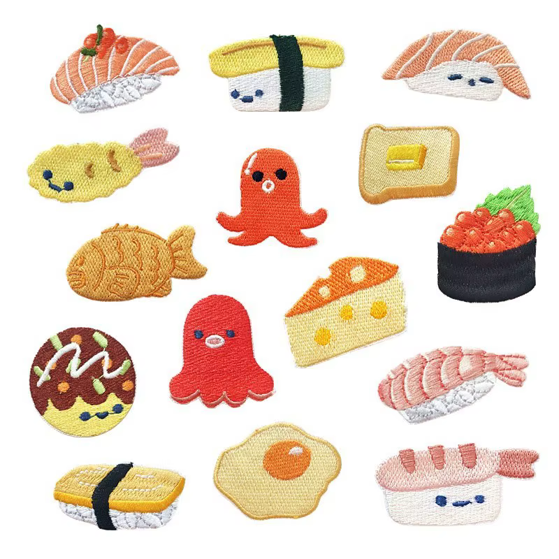 Sushi saumon poché oeuf Patch pour vêtements fer sur broderie Applique mignon tissu Badge bricolage