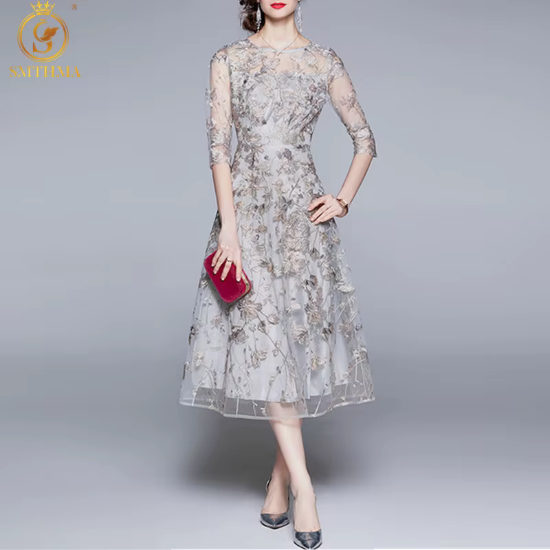 SMTHMA – robe de soirée Vintage pour femmes, nouvelle mode de styliste, demi manches, fleurs magnifi