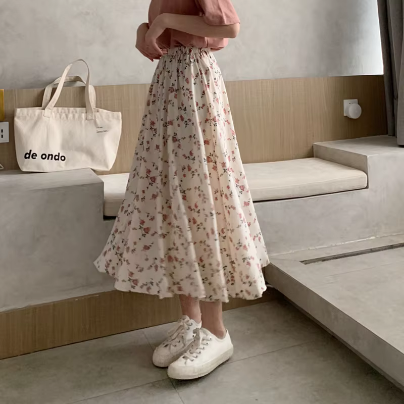 Jupe longue plissée Vintage à imprimé Floral, ligne a, jupe coréenne pour femmes, Streetwear, cordon