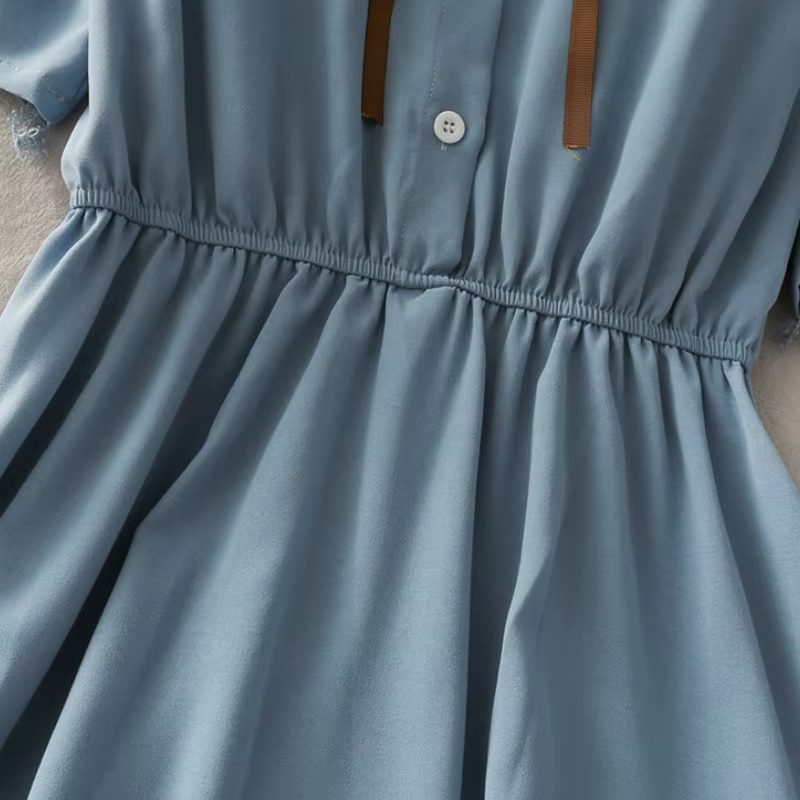 Robe en mousseline de soie avec nœud pour femme, monochromatique, taille haute, col rabattu, style p