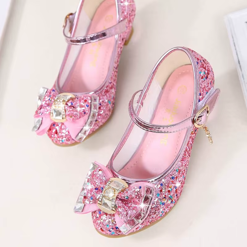 Chaussures en cuir à talons hauts pour filles, chaussures de princesse pour enfants, fleur, paillett