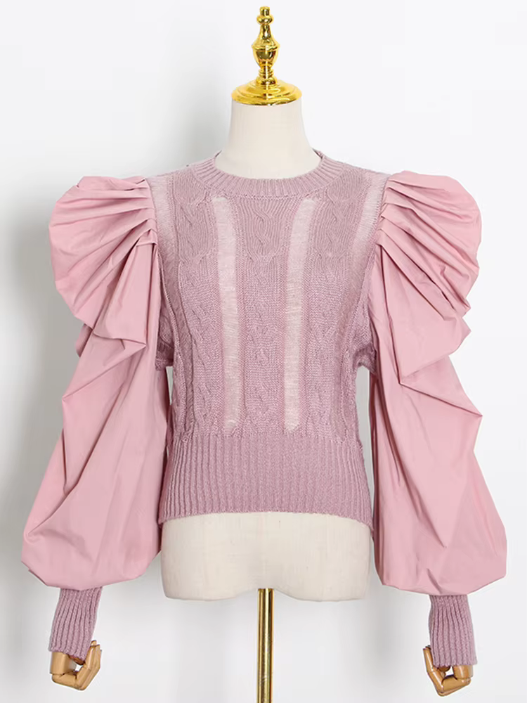 TWOTWurea YLE-Pulls coréens pour femmes, pulls patchwork, col rond, manches longues bouffantes, vête