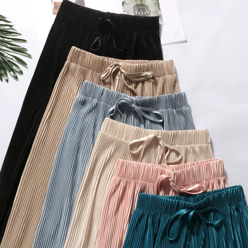 2025 femmes plissées en vrac glace soie coréen décontracté pantacourt jambe large pantalon maison cl