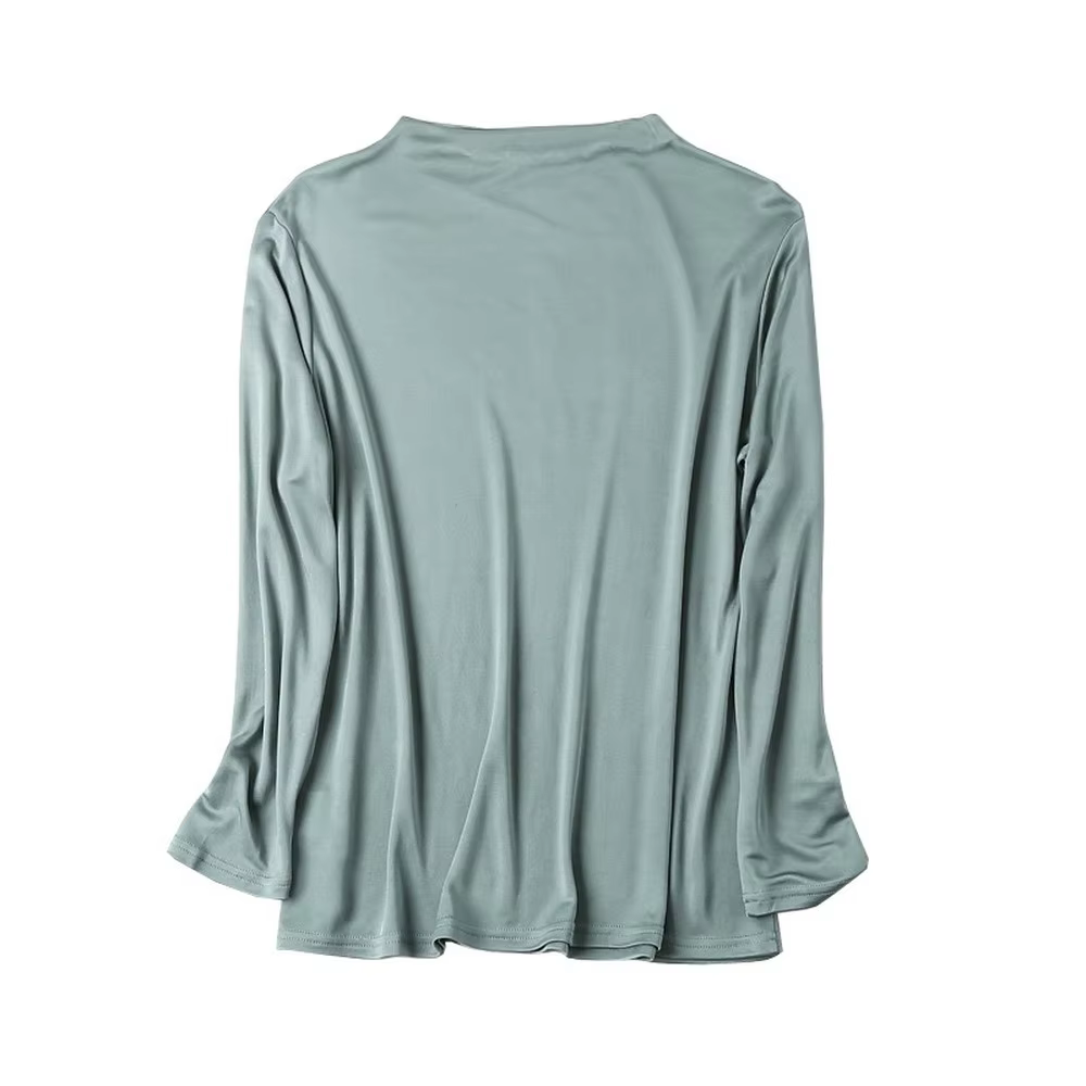 T-shirt en soie tricoté à manches longues pour femme, haut polyvalent à bascule, col rond, couleur u