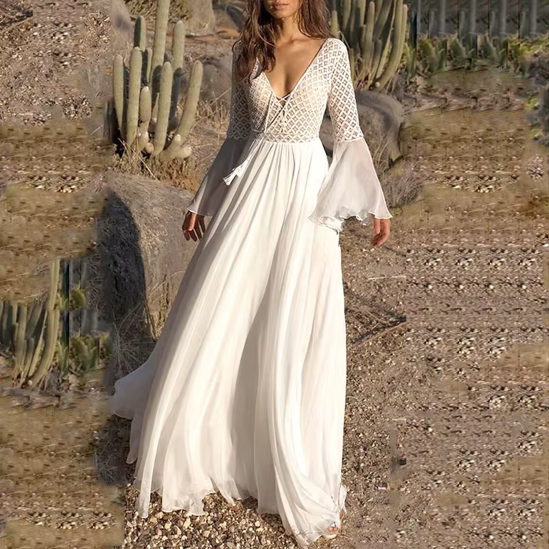 Femmes manches longues évasées col en V blanc creux Boho dentelle Maxi robe femme vacances Chic été