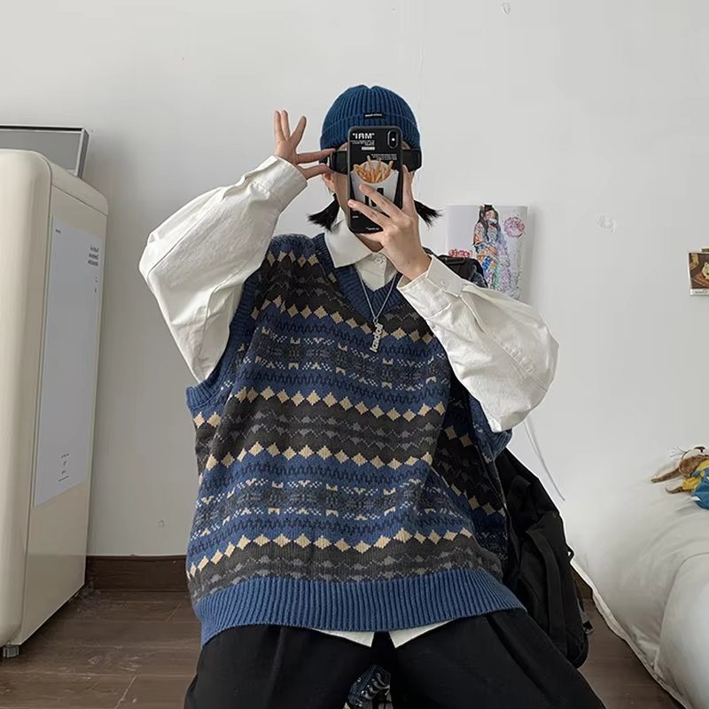 Pull vintage Argyle rétro à col en V pour femmes, pulls souples, vêtements d'extérieur assortis avec