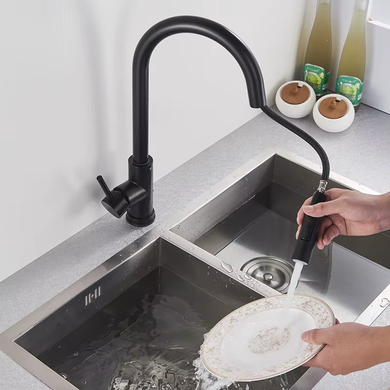 Robinet de cuisine noir à deux fonctions, mélangeur extractible à poignée unique, robinets d'eau cha