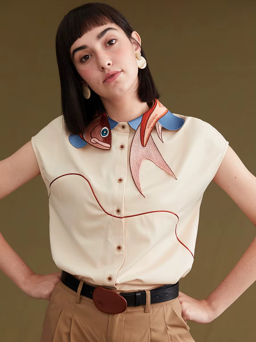 Chemise à manches courtes pour femmes, brodée irrégulière, poisson Koi, printemps et automne