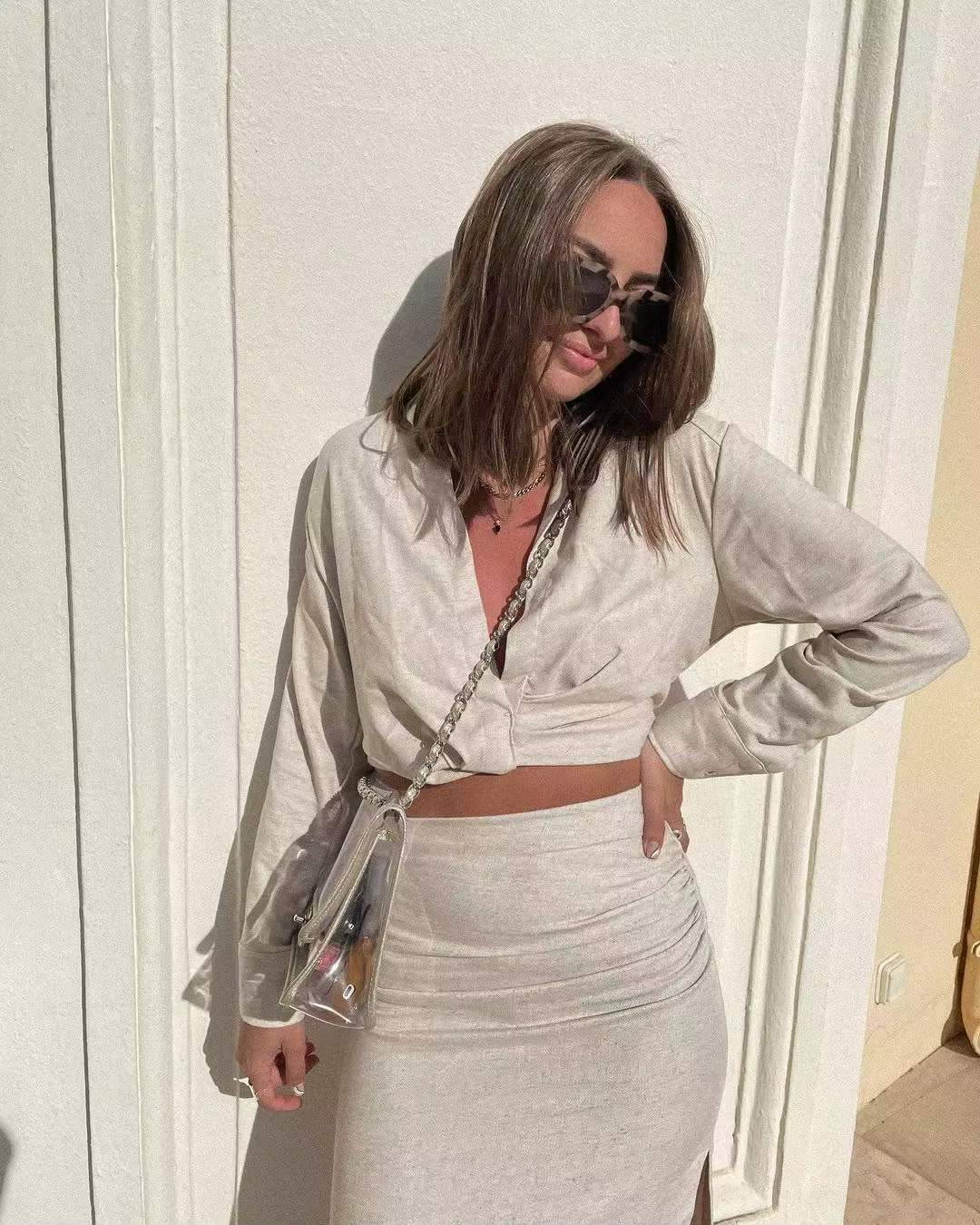 Chemise courte à manches longues et col rabattu pour femme, jupe décontractée fendue sur le côté, de