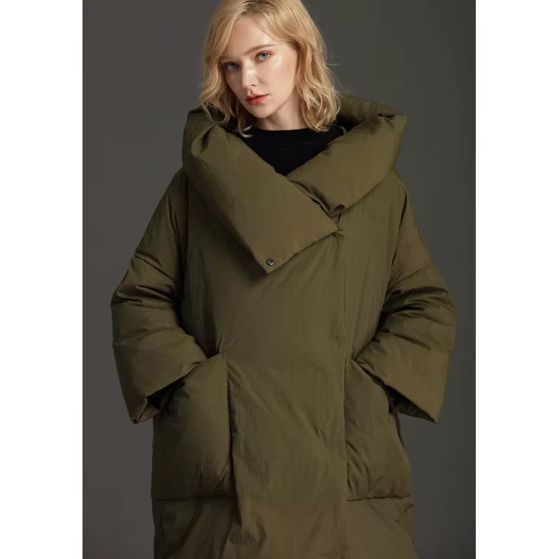 Veste longue et ample en duvet de canard pour femme, manteau avec col d'oreiller et capuche, surdime