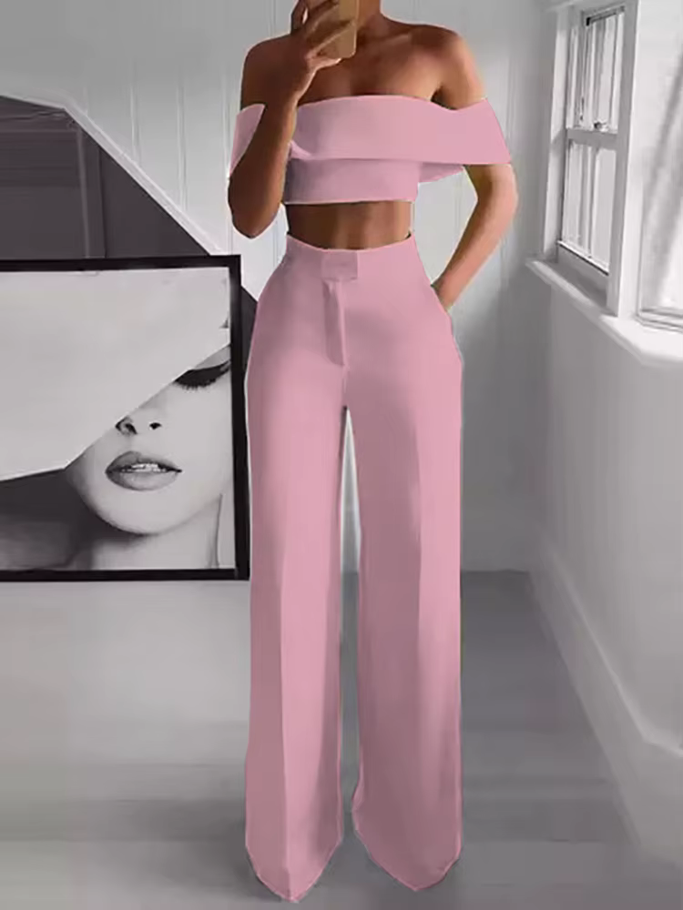 2025 été solide décontracté deux pièces ensemble femmes Sexy haut court jambe large pantalon tenues 