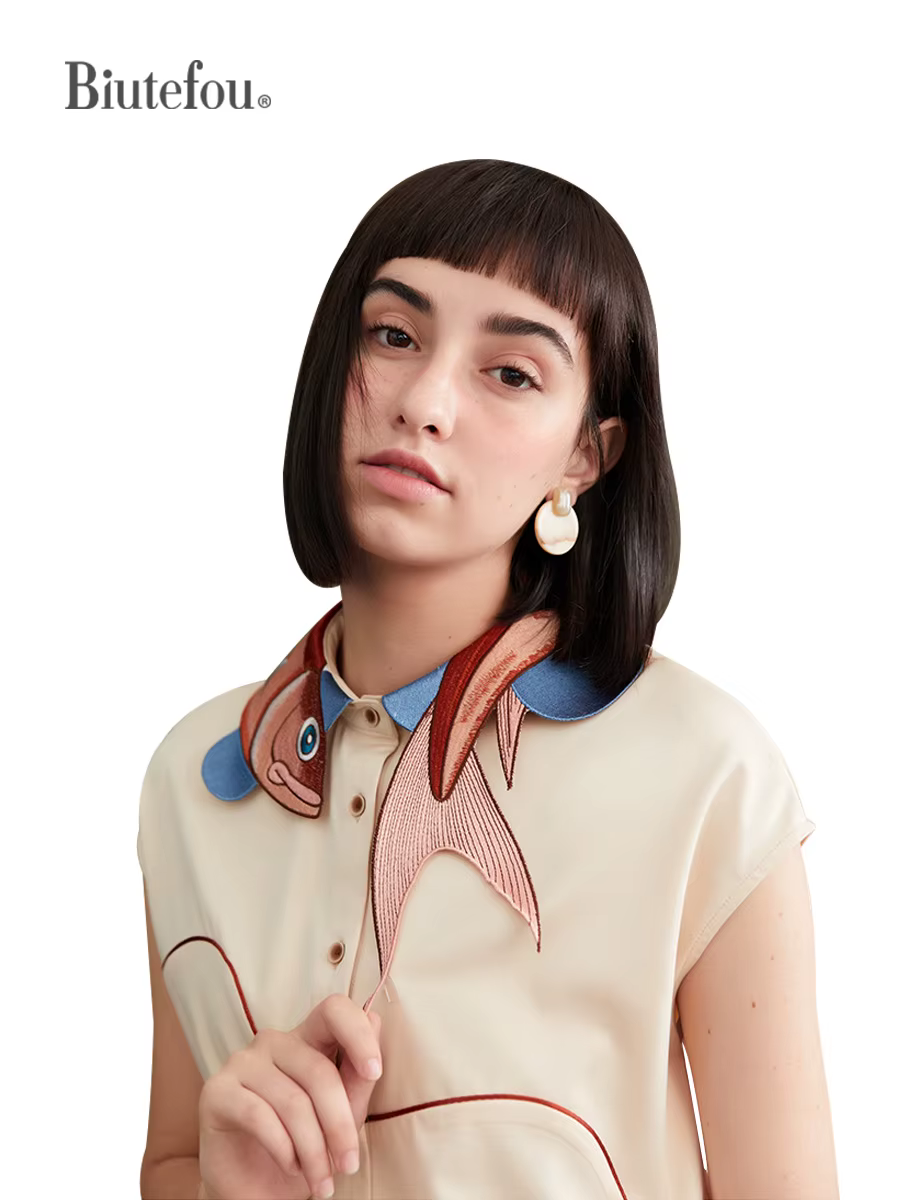 Chemise à manches courtes pour femmes, brodée irrégulière, poisson Koi, printemps et automne