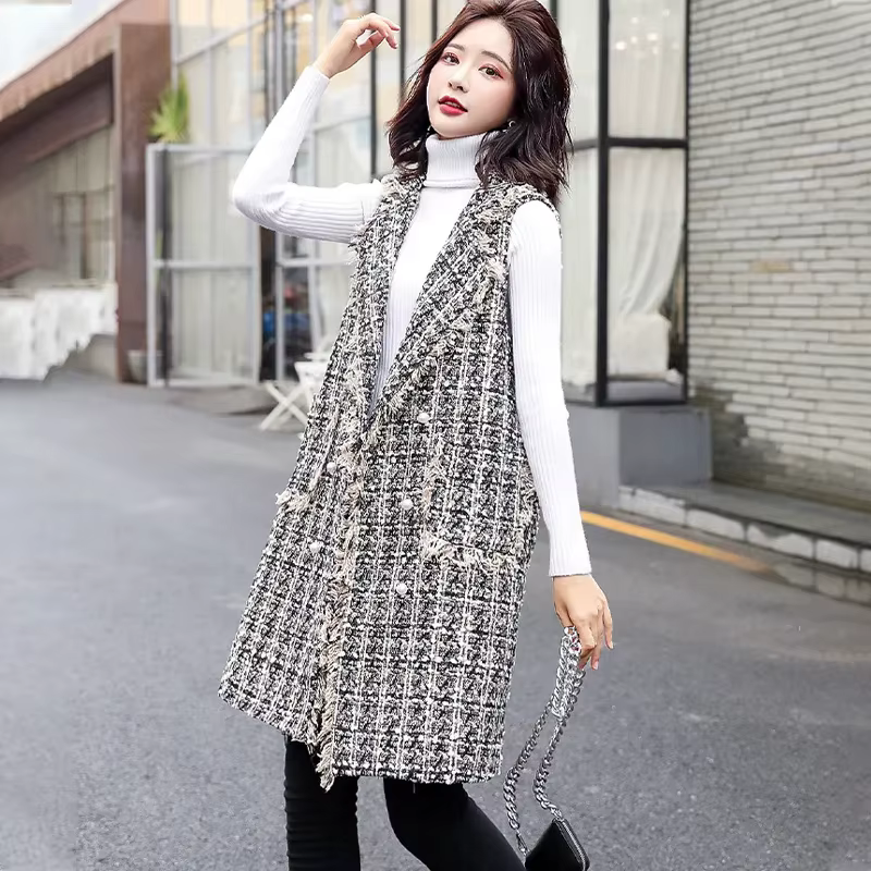 Veste Longue en Laine pour Femme, Cardigan à Carreaux, Nouvelle Collection Printemps Automne 2023