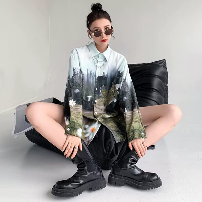 Chemisiers surdimensionnés à manches longues pour femmes, chemises imprimées à l'huile, Streetwear p