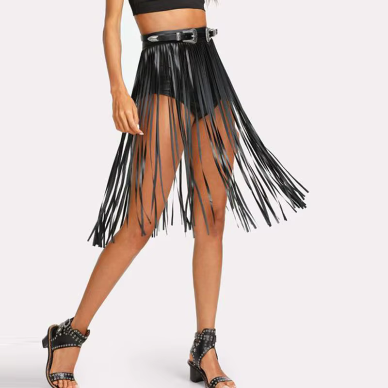 Jupe à franges en Faux pour femmes, taille haute, harnais avec boutons à pression, fête d'halloween,