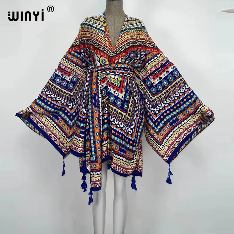 WINYI-Robe de cocktail en coton pour femmes, cardigan d'été, manches chauve-souris, style boho, maxi